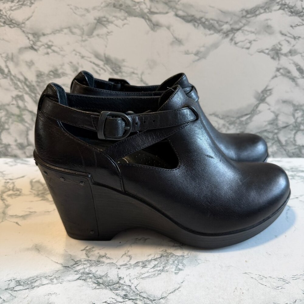 Dansko Black Leather Wedge Heeled Boots